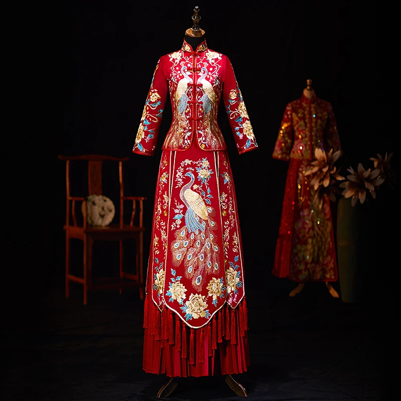 

Full Length Bride Wedding Dress Chinese Red Female Satin Marriage Suit Oriental Novelty Embroidery Cheongsam Phoenix Qipao