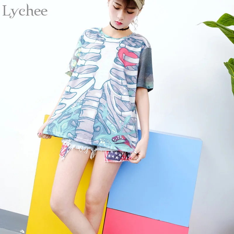 Skup Lychee Gothic Punk kobiety T Shirt czaszka kości nadruk w kształcie serca Casual luźny t shirt z krótkim rękawem Tee Top kobieta