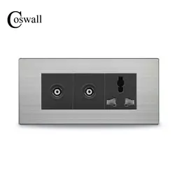 Coswall 3 отверстия универсальный настенный Мощность розетки с двойным ТВ Outlet Нержавеющая сталь матовый серебристый Панель 154 мм * 72 мм