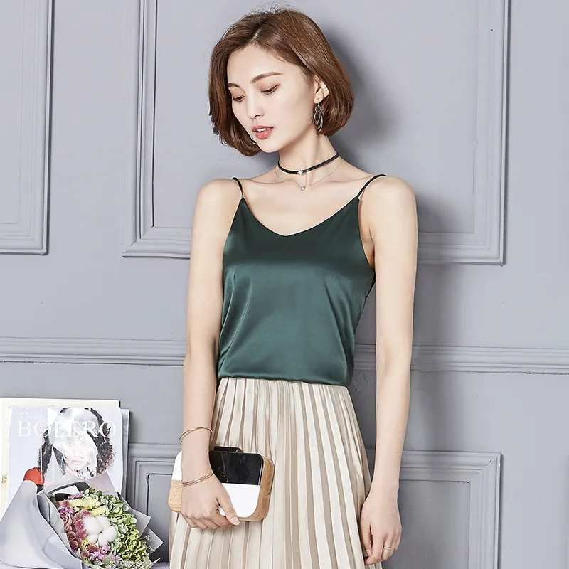 

Summer Tops Women Sexy Silk Ladies Camisole Bottom Shirt V-neck Cropped Female Soft Satin Tank Top Crop