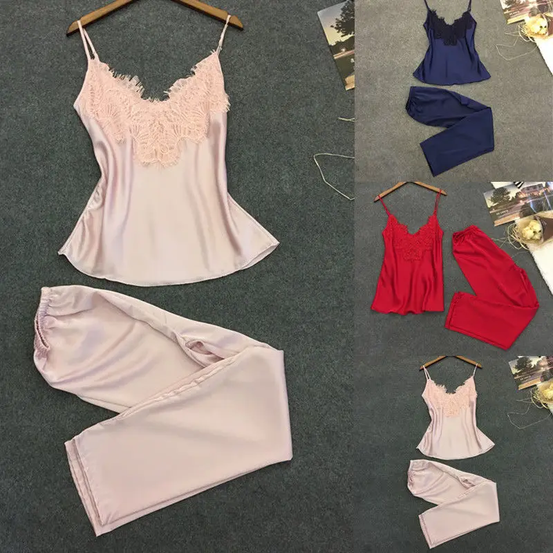 

Sexy Silk Pajamas Women's Nightwear Sleepwear Tops+Long Pants Set