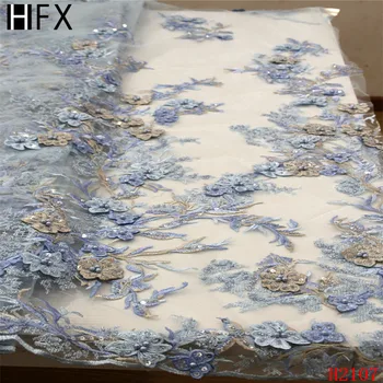 

New fashion style bule gray heavy handmade beads on netting embroidered wedding dress/evening dress African lace fabric H2107-1