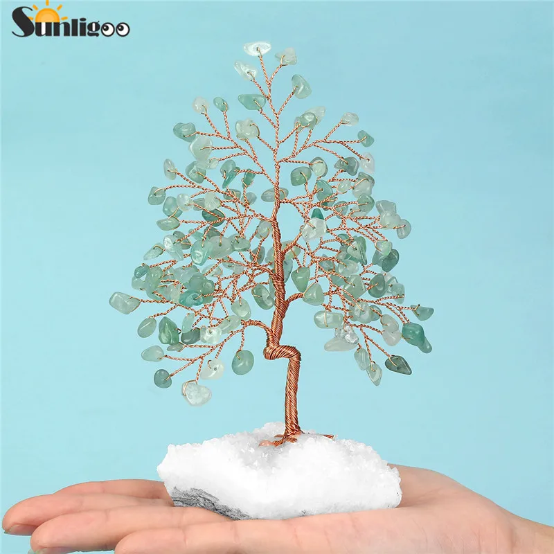 Sunligoo 1pc Natural Stone Feng Shui Bonsai Money Tree on Clear Quartz Cluster Base for Protection Healing Home Decor 5.51-6.29" - Color: 1pc Green Aventurine