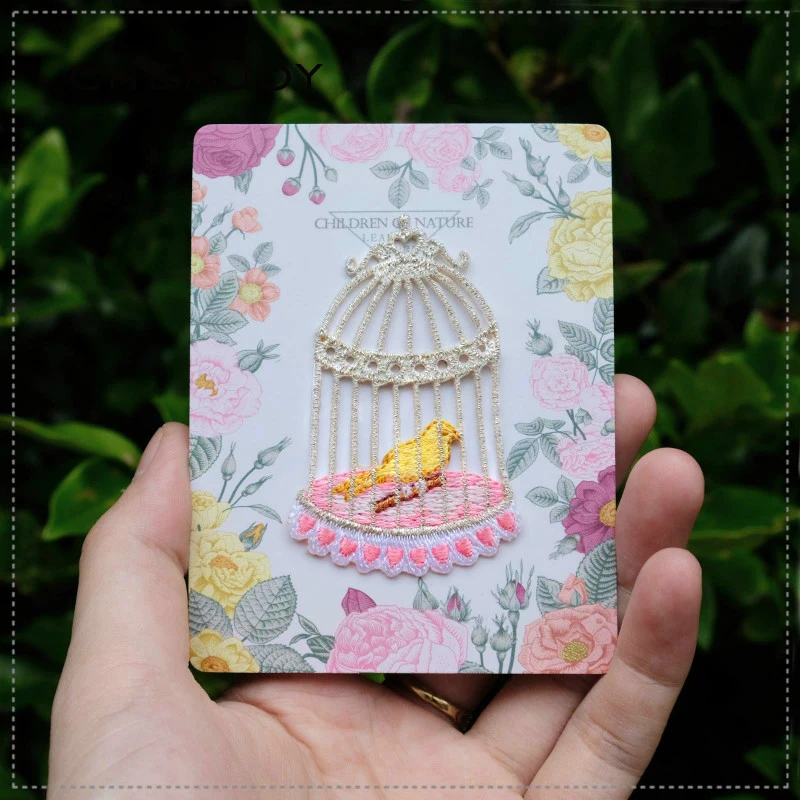 

Bird Cage Iron on Patches Sewing on Embroidered Patch Applique for Jacket Clothes Stickers DIY Cute Parche Apparel Accessories