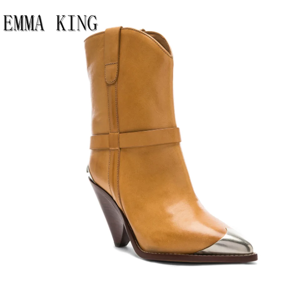 

Western Boots Iron Pointed Toe Knight Boots Autumn Footwear Women Model Runway High Heels Fashion Shoes Woman