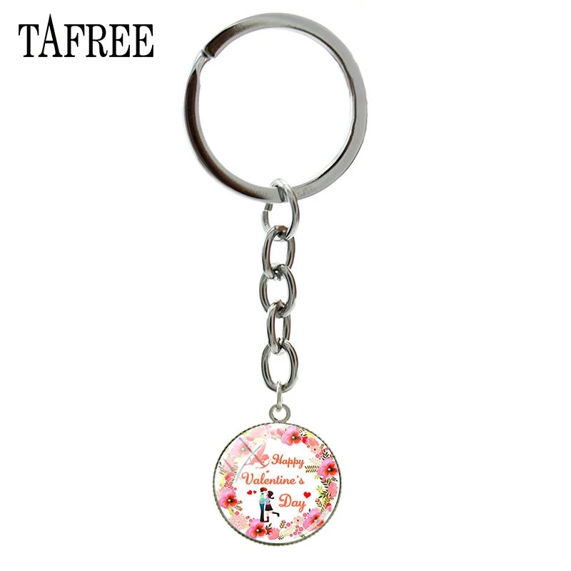 

TAFREE Happy Valentine's Day Pendant Keychain bag Car Key Holder lovers gifts Cartoon Garland picture Round Charm Jewelry QR19
