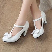 Womens Low Chunky Heel Shallow Bowknot Sweet Lolita Pumps Shoes Wedding Shoes Plus Size 34 - 48 Womens Low Chunky Heel Shallow Bowknot Sweet Lolita Pumps Shoes Wedding Shoes Plus Size 34 - 48