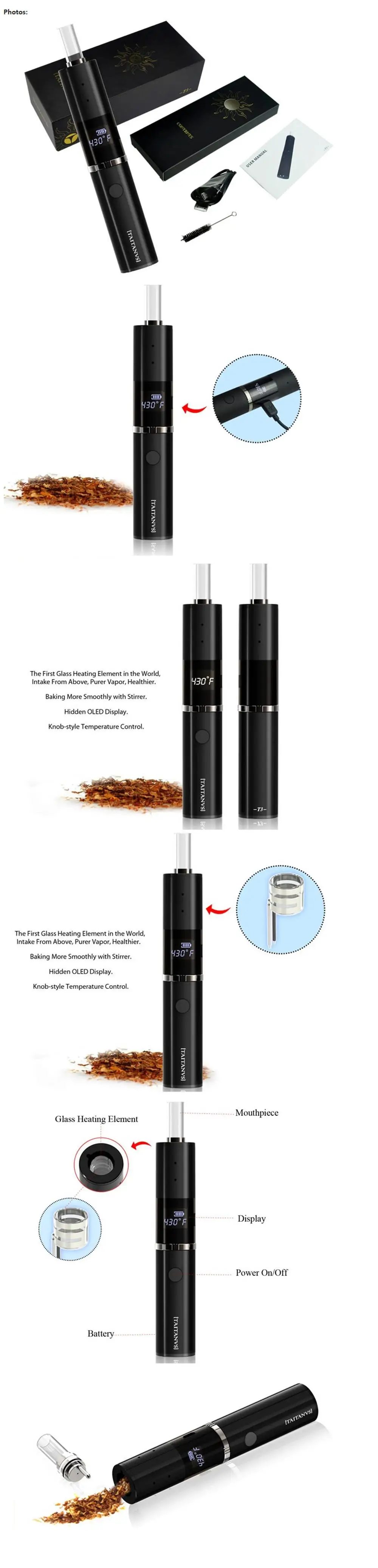 bud t3 herbal vaporizer with Ceramic Chamber Glass Mouthpiece Temp Control 18650 Battery Dry Herb E Cigarette tobacco vape kit