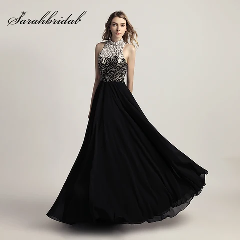 Vestidos de Baile com Beading Vestido de Noite Nova Chegada Chiffon Preto Longo Superior Completo Pescoço Alto Aberto Voltar Formal Barato Lx419