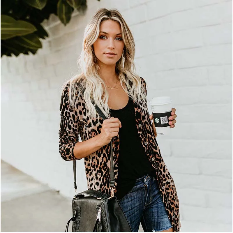 

vogue spring autumn women print leopard coat mujer sliming tops femme cardigans V neck sexy outwear streetwear free shipping