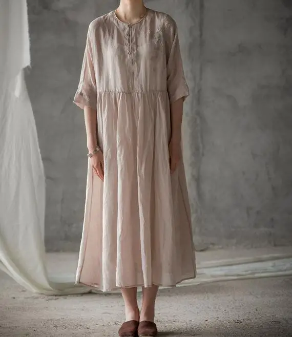

2018 New Arrivals Women's Vintage Ramie Dress Robe lone dresses 17393-35