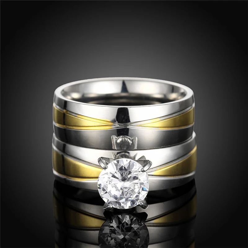 New 2pcs/set Crystal Couple Ring for Women and Men Gold-color Stainless Steel Engagement Ring Wedding Jewelry