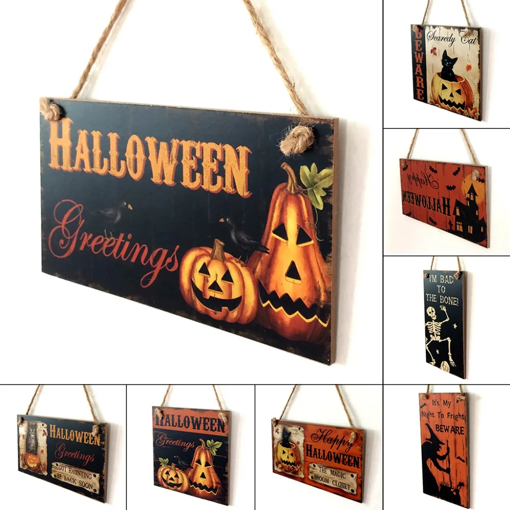 1pc happy halloween decoration wooden hanging plaque board sign home wall window art decor halloween pumpkin