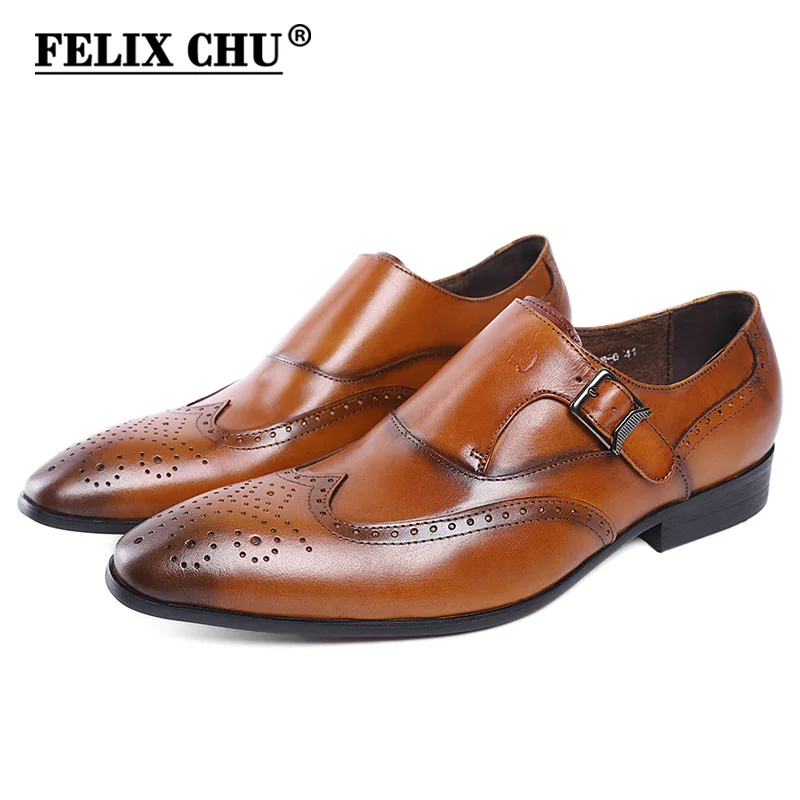 

FELIX CHU Brand New Genuine Leather Perforated Wingtip Detail Brogue Men Dress Shoes Slip On Buckle Strap Brown Formal Shoes