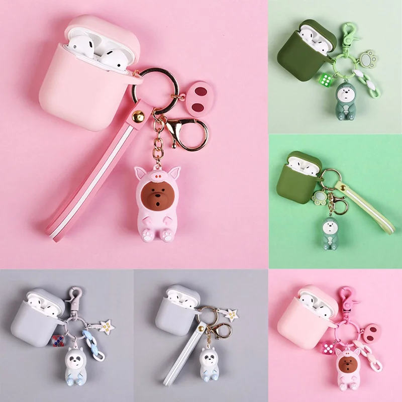 Soft Silicone Case Earphones For Apple Airpods Bluetooth Wireless Earphone Protective Skin Cover Box Cute Animal Keychain