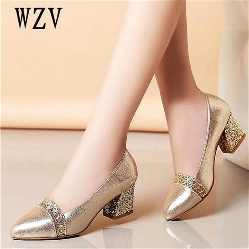 Meilleur 2018 Femmes Pompes Doux Style Carré À Talons Hauts paillettes Pointu orteil Printemps et Automne Élégant Peu Profonde Dames Chaussures Taille 34 41 E058
