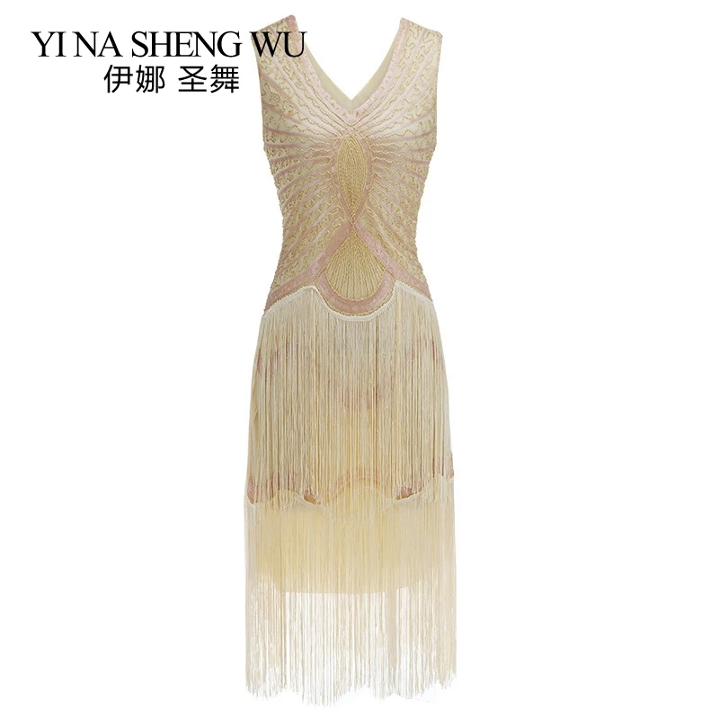 

1920s Sequin Vintage Dress Tassel Sleeveless Flapper Dress Evening Party V-neck Bodycon Fringed Sleeveless Latin Dance Clothes