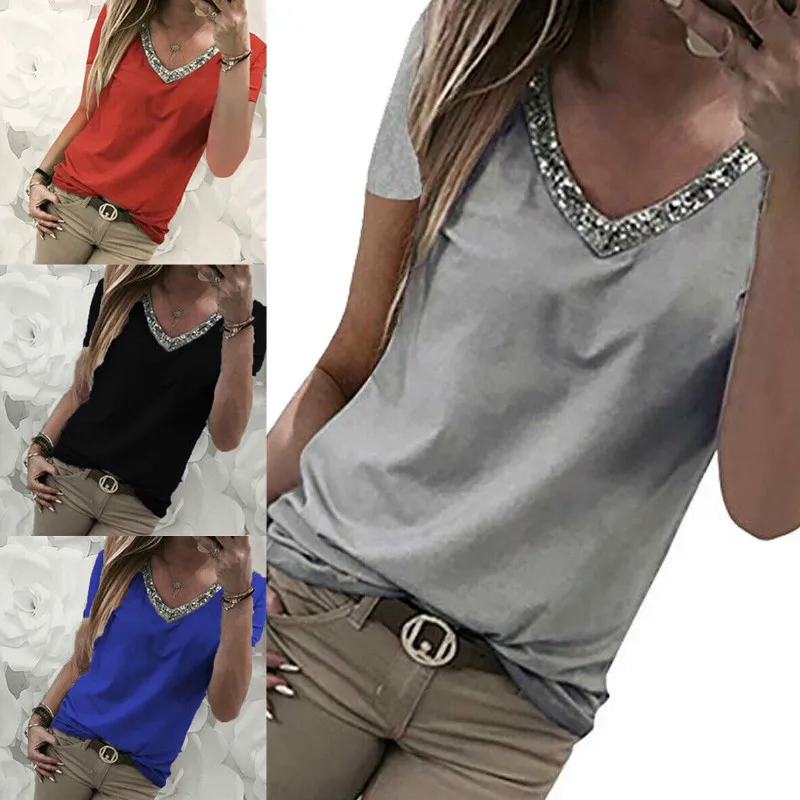 

Sexy Women V-Neck Sequin T-shirt Short Sleeve Summer Casual Top Plus Size