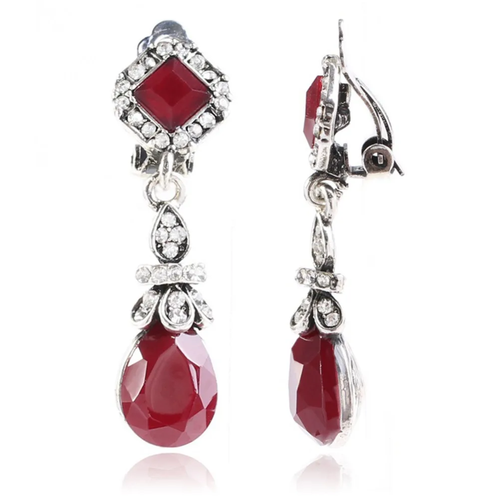 

clip earrings no hole needed for Women Ear clip Boho Vintage Water Drop Red Black Antique Silver Resin Rhinestone Gift 027K