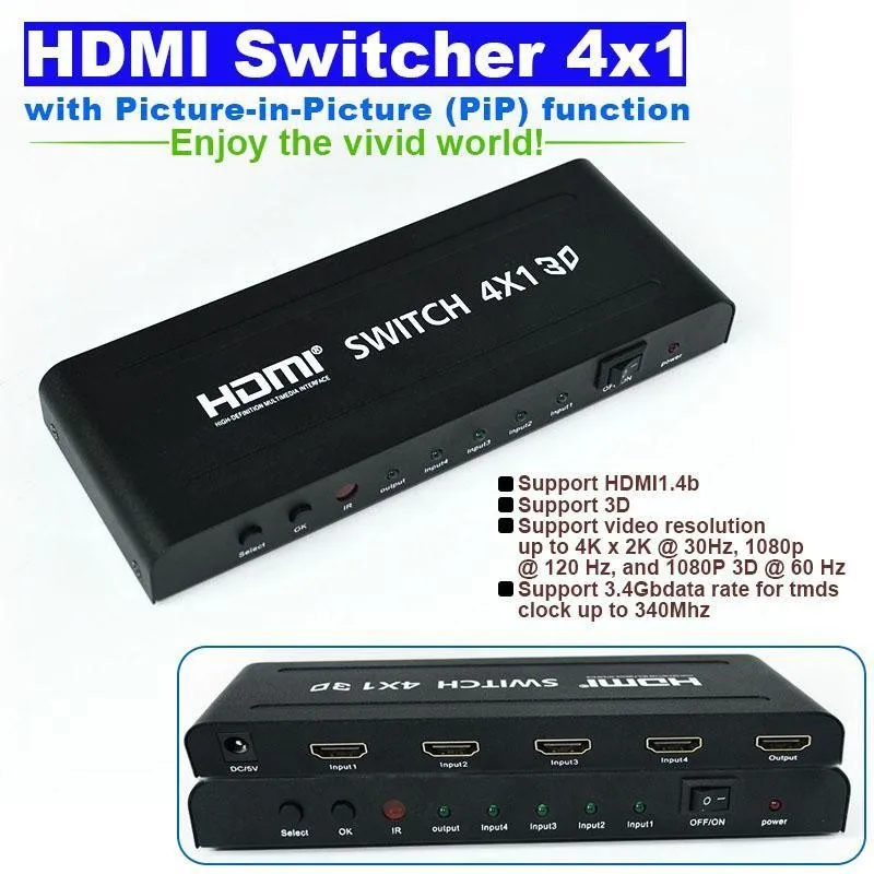 4 port HDMI Switch 4x1 Switcher Converter Adapter Support Audio 3D Video 720p 1080i 1080p Picture-in-Picture (PiP ) function