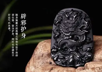 

Koraba Fine Jewelry Natural Obsidian Hand Carved Chinese Dragon Good Luck Charm Pendant Necklace Free Shipping