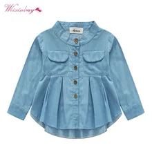 Весенне-осенние новые детские рубашки с длинными рукавами для маленьких девочек повседневные милые джинсовые хлопковые удобные Блузки высокого качества с карманами