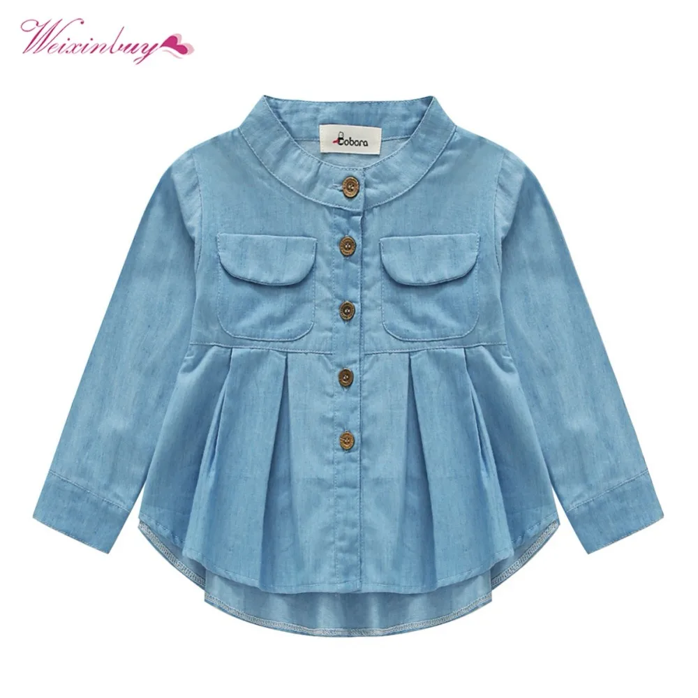 

Spring Autumn New Baby Children Girls Long Sleeve Shirts Causal Sweet Denim Cotton Comfortable High Quality With Pocket Blouses