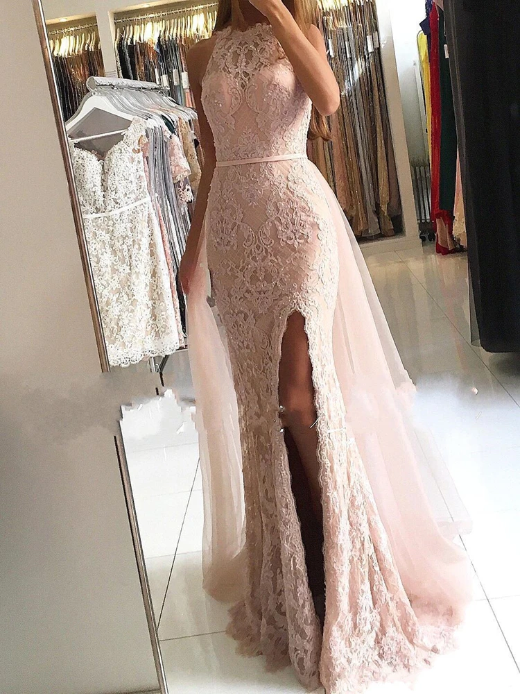 

Blush Pink Front Split Prom Dresses with Removable Skirt Modest 2019 Half Sleeves Lace Appliques Tulle Long Evening Gowns