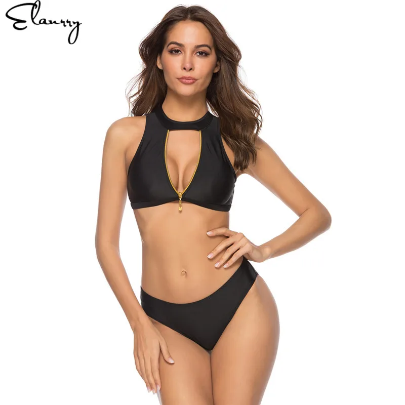

2019 New Top Sexy Solid Swimwear Padded Bikini High Neck Sport Suit High Cut Bathing Suit Zipper Swimsuit Women Bikini Set