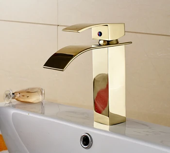 

Bathroom Waterfall Basin Faucets Golden Finish Mixer Taps Single Hole Deck Mounted Sink Faucet Torneira Banheiro G1085