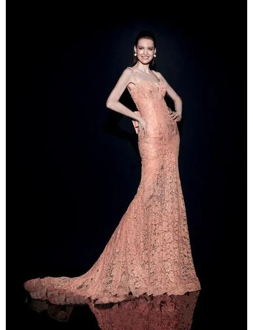 2017 Lace Evening Dress Applique See Through Back Spaghetti Straps Sweetheart Backless Bow Sweep Train Mermaid Gowns | Свадьбы и