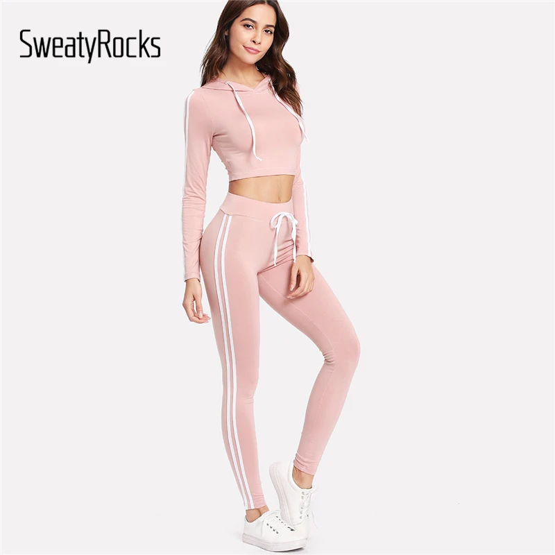 

SweatyRocks Striped Side Crop Hoodie With Sweatpants Set Pink Long Sleeve Stretchy Sporting Twopiece Women Autumn Hooded 2 Sets