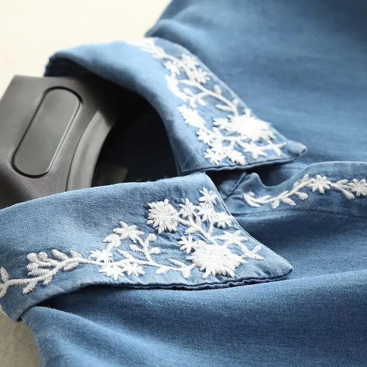 New Womens Blouse Vintage Denim Long Sleeve Single Breasted Shirt Embroidery Tops