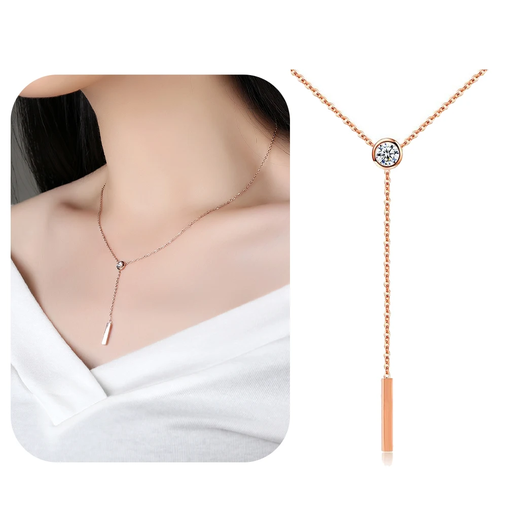 

New Fashion Stainless Steel Necklaces Rose Gold Choker Creative Tassel Cubic Zirconia Pendant Chain Long Necklace For Women