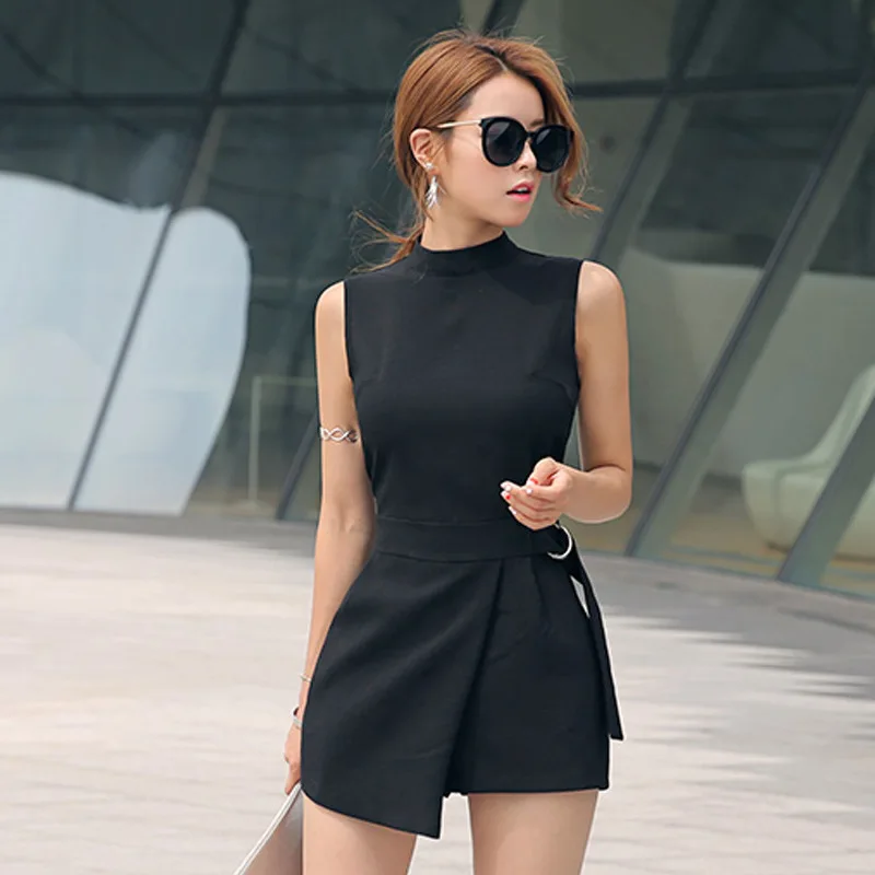 Новинка лета, корейская мода, стройнящий неровный женский черный короткий комбинезон с поясом, однотонный обтягивающий повседневный комбинезон - Цвет: Черный