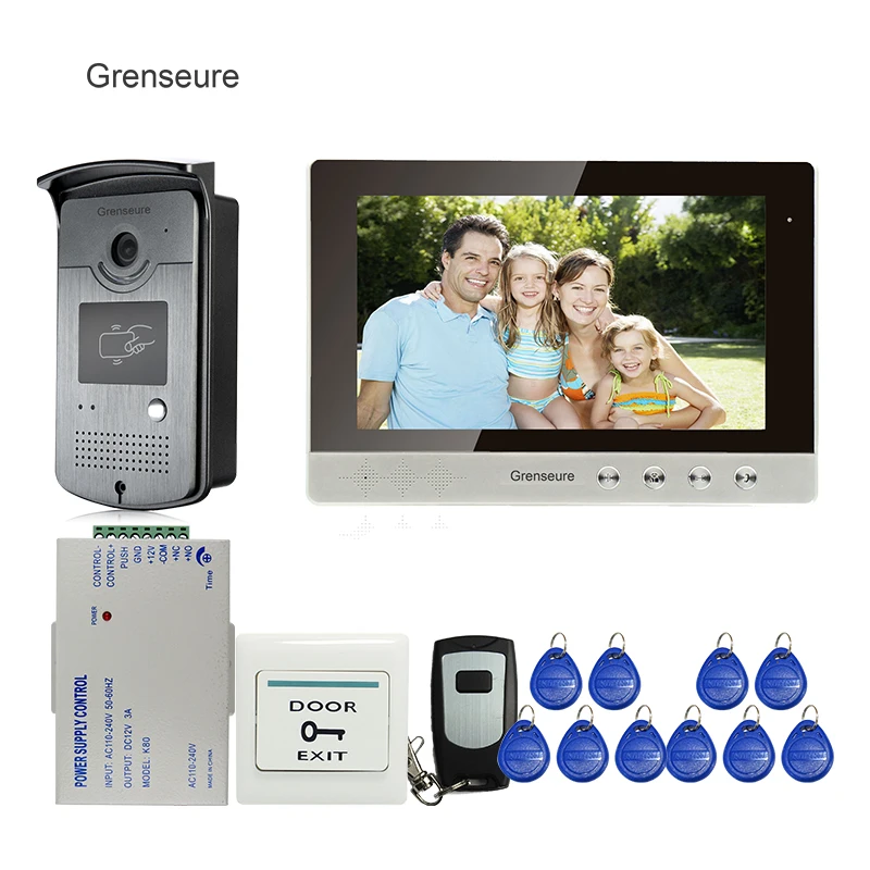 Бесплатная доставка проводной 10 "цветной ЖК-видео домофон система + открытый RFID доступ дверной Звонок камера + пульт + Мощность
