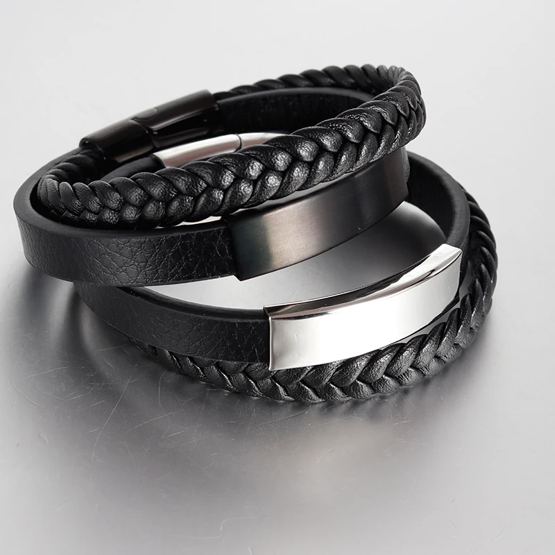 Черный Браслет из натуральной кожи, плетеная цепочка из нержавеющей стали, браслет с магнитной застежкой, мужские ювелирные изделия, винтажный подарок, трендовая веревка