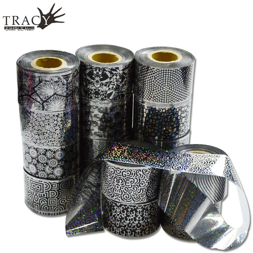 

16 Rolls 120m Laser Glitter New Designs Nail Art Black Sexy Full Sticker Nail Foils Decorations Wholesale Available TRLF01-16