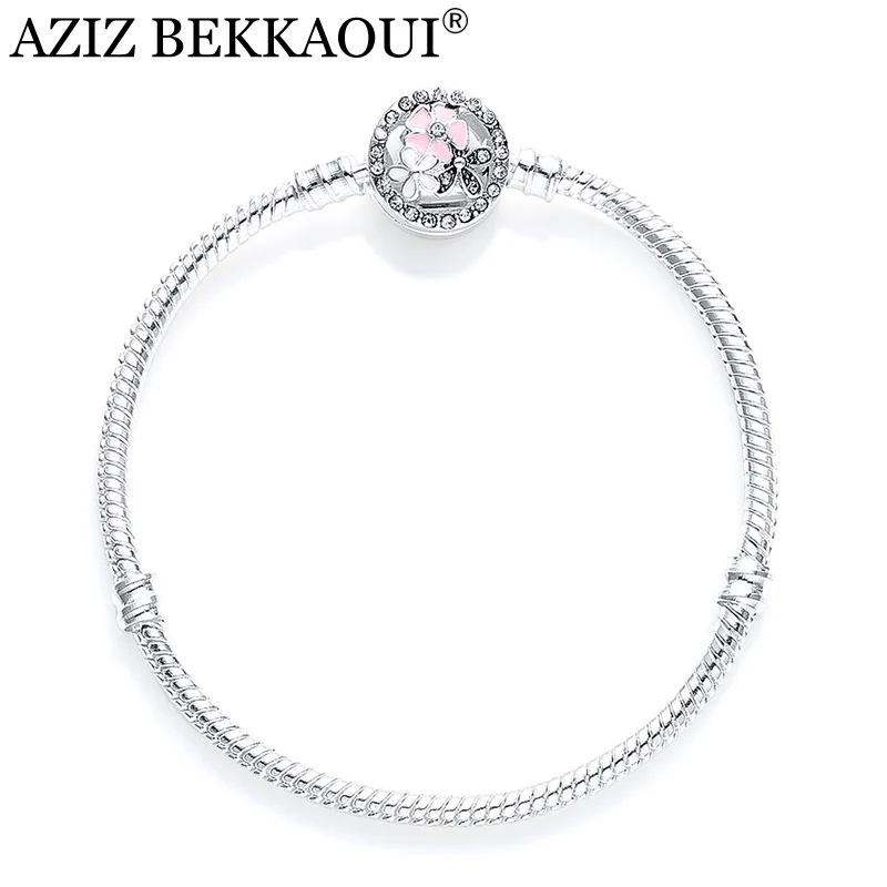 

AZIZ BEKKAOUI Bangle With CZ Daisy Cherry Clasp Bracelet & Bangle fit European Diy Pink Flower Beads Charm Bracelet For Women
