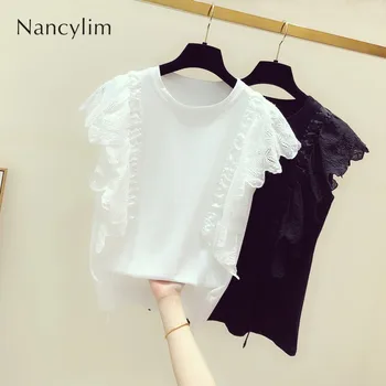 

Spring Summer White Tshirt Woman 2019 New Korean Solid Color Temperament Crew Neck Stitching Lace Lotus Leaf Sleeve T-shirt Tees