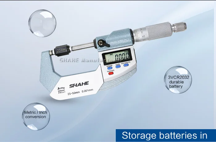 Shahe IP65 Водонепроницаемый 25-50 мм наружный микрометр электронный 0,001 мм микрон наружный микрометр Калибр