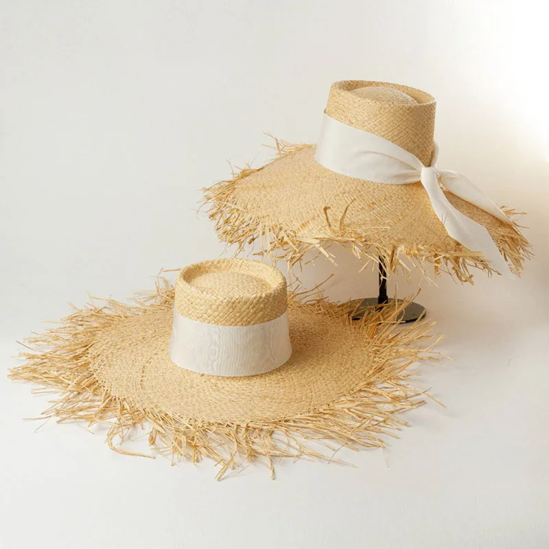

Elegant Raffia Floppy Hats for Women Black White Ribbon Bow Sun Visor Hats Fringed Big Brim Beach Hats UV Protection Summer Hat