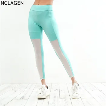 

NCLAGEN 2018 New Women Green White Mesh Patchwork Leggins Casual Slim Fit Fitness Sporting Workout Elastic Leggings For Women