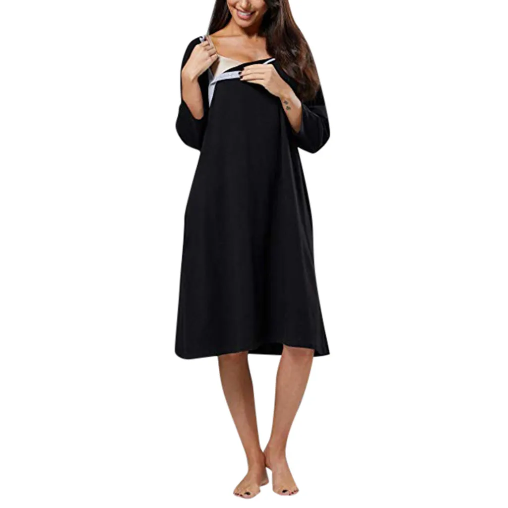Платья для беременных женская пижама для беременных однотонное платье для кормления грудью с длинным рукавом для будущих мам zwangerschaps kleding - Цвет: Black