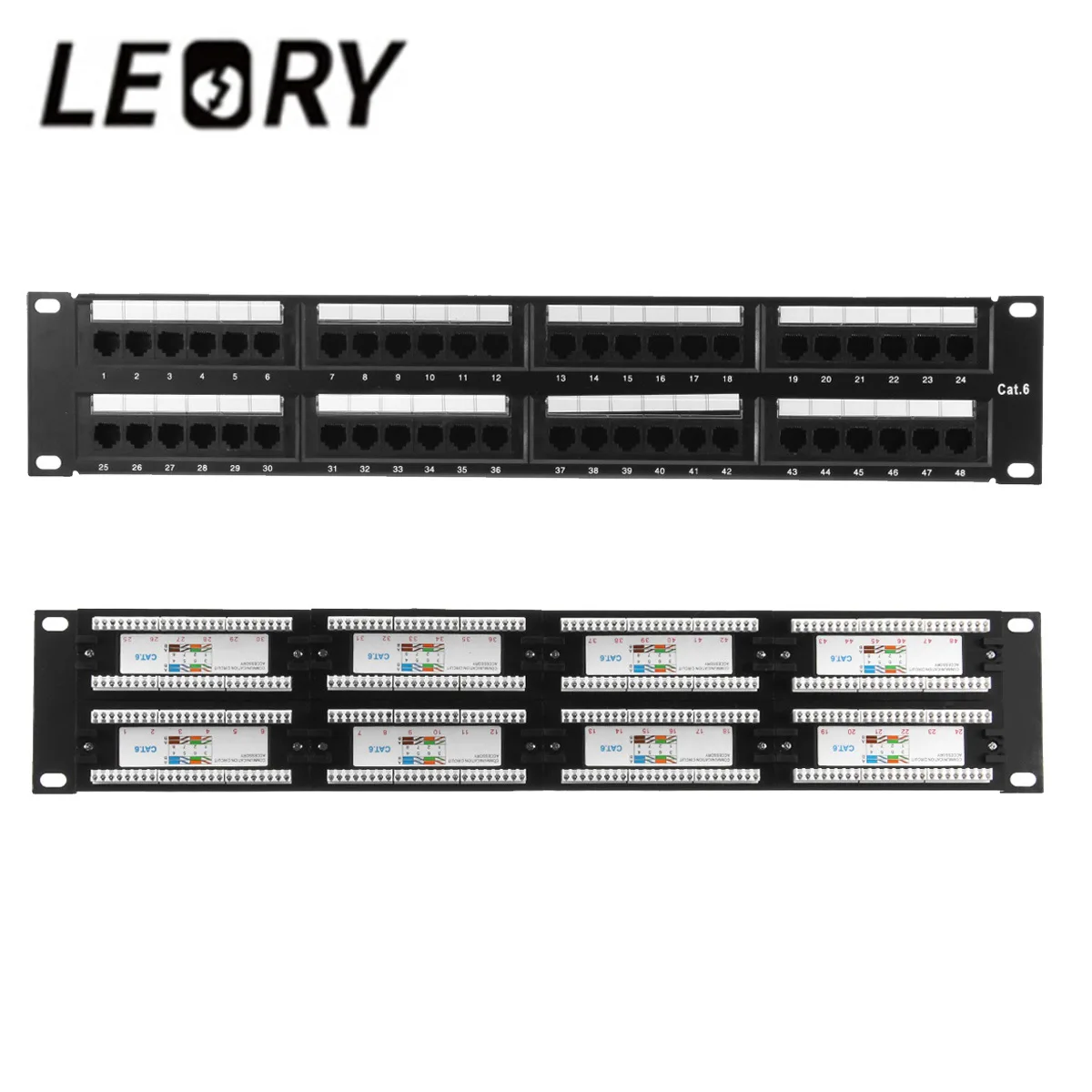 

LEORY 2U 48 Port CAT6 Patch Panel IRJ45 Network Ethernet Rack Mount 19 Inch Rack Networking Network Hubs