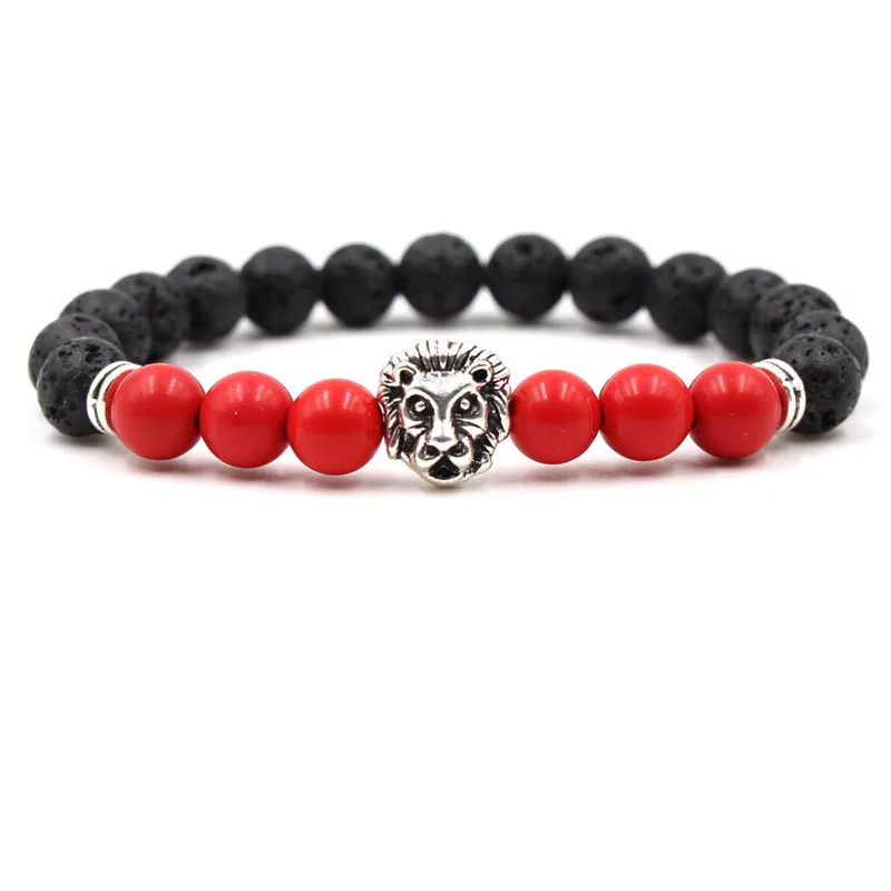 Модные ювелирные изделия серебряный лев, Будда голова Браслет Из Черной Лавы камень бисером браслеты Hombre для мужчин и женщин - Окраска металла: Red