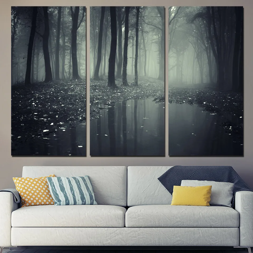 

Rushed 3 Panels Canvas Art Misty Dark Forest Home Decor Unframed Painting Prints Pictures For Living Room Free Shipping