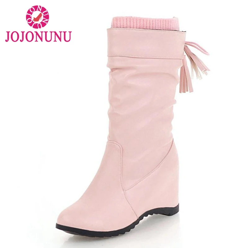 

JOJONUNU Women Wedge Mid Calf Boots Warm Plush Fur Shoes Woman Bowknot Fringes Shoes Winter Inside Heel Footwear Size 34-43