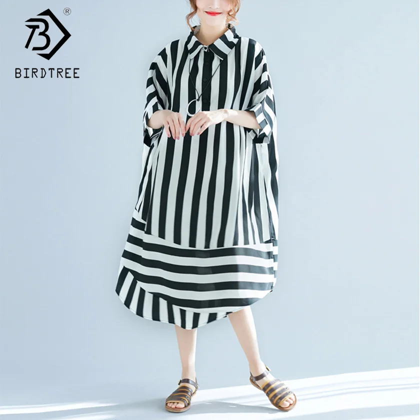 

Summer Women Plus Size Striped Button Loose Dress Turn Down Collar Half Batwing Sleeve Elegance High Waist Casual Dress D91443I