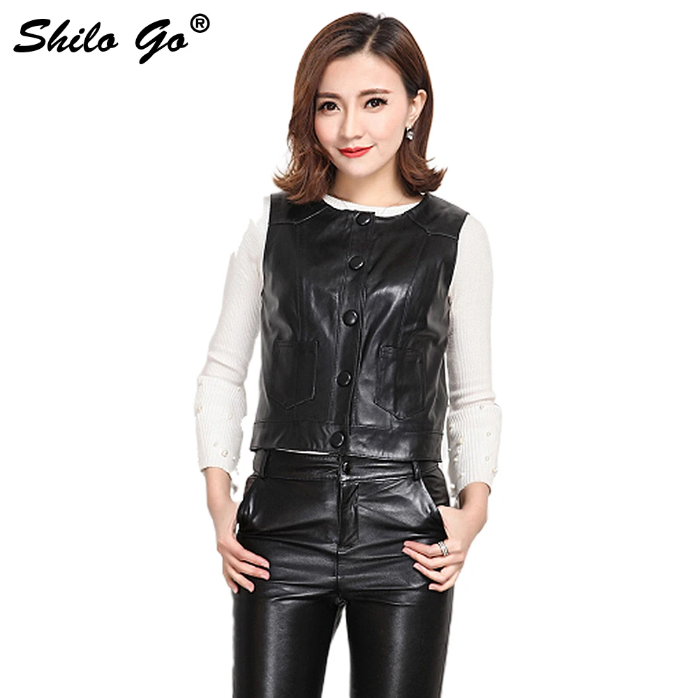 

SHILO GO Leather Vest Womens Autumn Fashion sheepskin genuine leather Vest O Neck single breasted slim black locomotive Vest